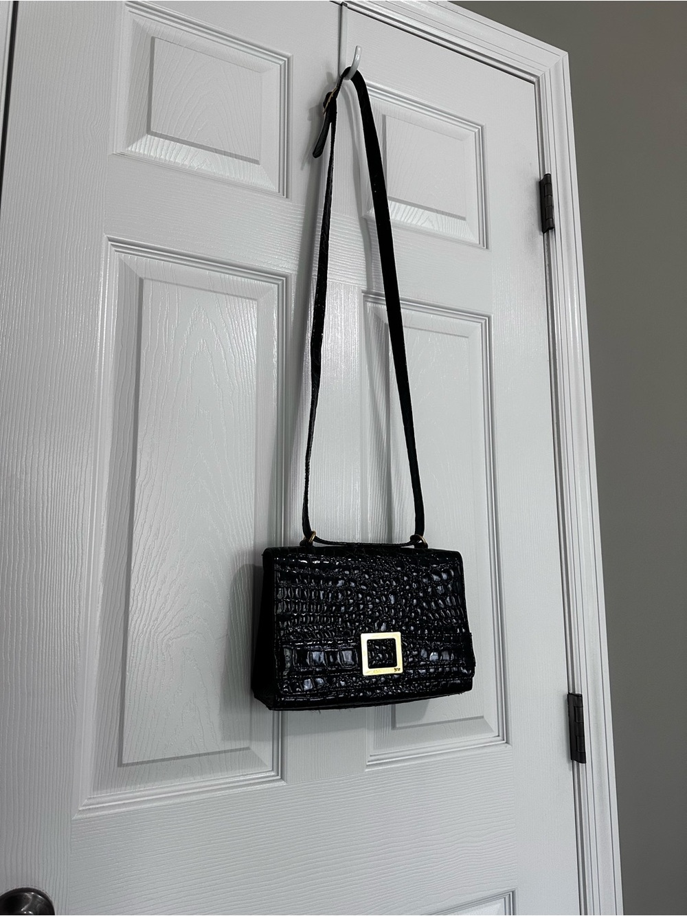 Nine West Black Croc-Embossed Crossbody Bag with Gold Buckle Accent
